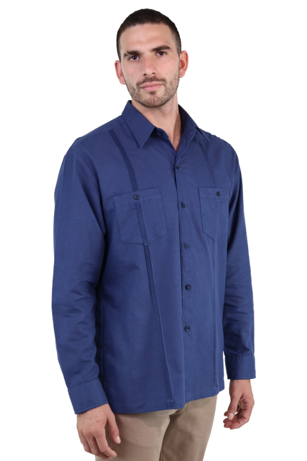 Guayabera Corte Clasico Azul Marino Manga Larga Con Alforza Textura Lino Para Hombre